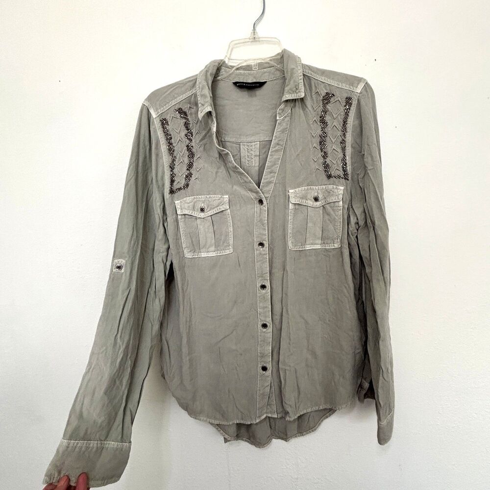 Rock Republic Womens Beaded Grunge Button Up Top Large Casual Indie